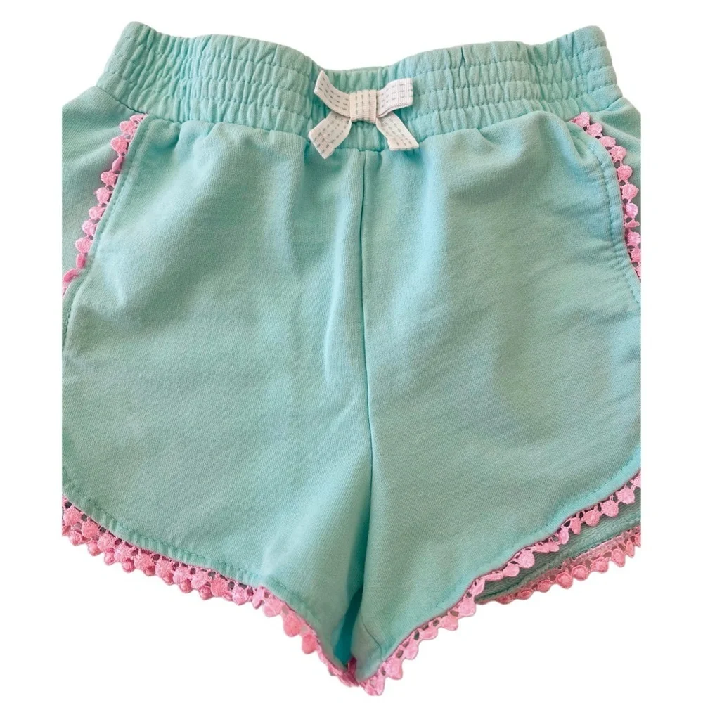 Girls Pom Trim Elastic Waist Shorts Bundle - Bright Yellow & Aqua Blue | S (5/6)